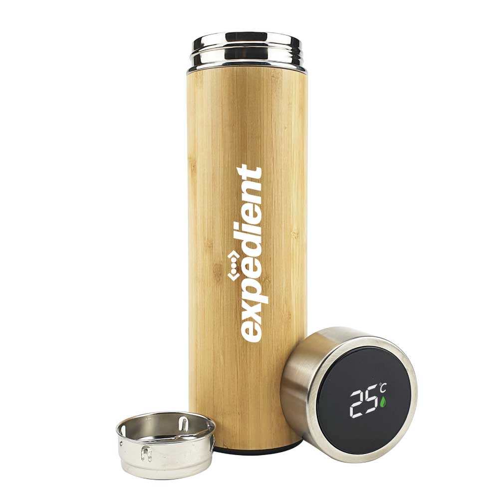 Bamboo Flask with Temperature Display ( “Your Brand • Your Print • Your Style.” ) All printing available