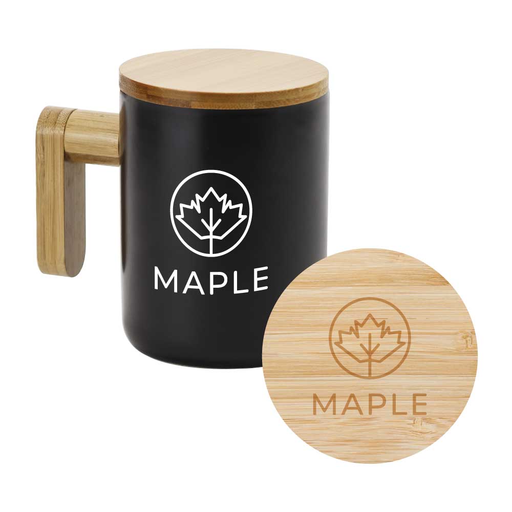 Black Ceramic Coffee Mugs with Bamboo Handle and Lid ( “Your Brand • Your Print • Your Style.” ) All printing available