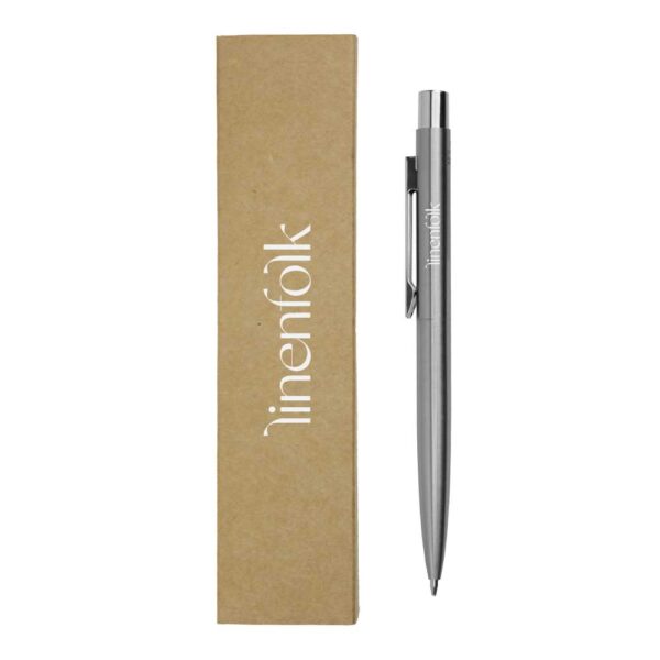 Recycled Stainless Steel Metal Pens, Push Button, Blue Ink ( “Your Brand • Your Print • Your Style.” ) All printing available