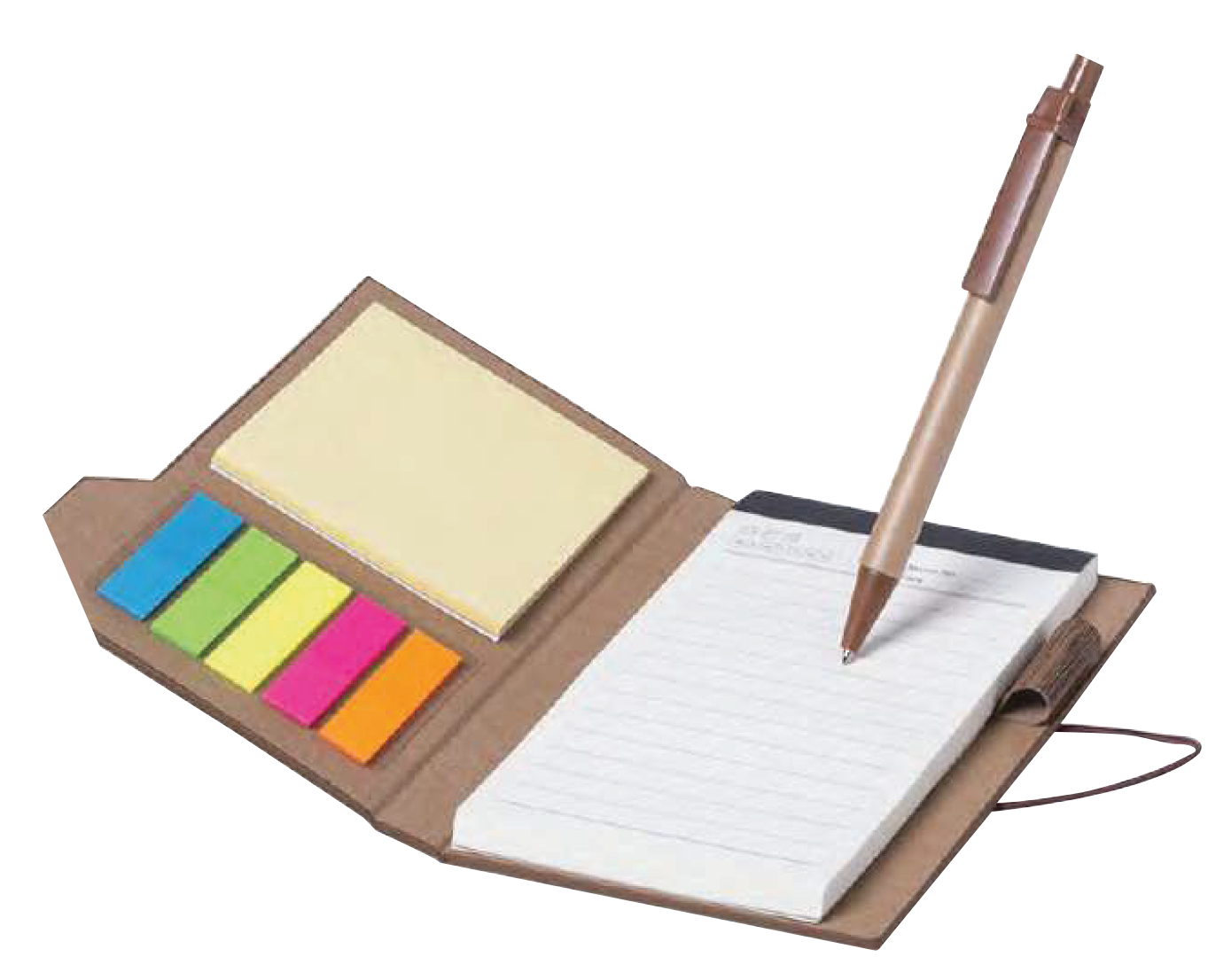 NOTEPAD IN WOOD LIKE DESIGN. RECYCLED CARDBOARD BALL PEN INCLUDED
