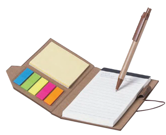 NOTEPAD IN WOOD LIKE DESIGN. RECYCLED CARDBOARD BALL PEN INCLUDED