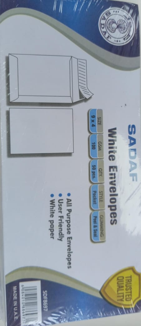 SADAF WHITE ENVELOPES 9*4 50 PCS IN A PACKET 100 GSM