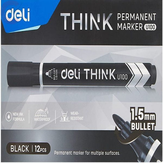 Deli Think U100 Permanent Marker – Bullet 1.5 mm, Black 12 pcs