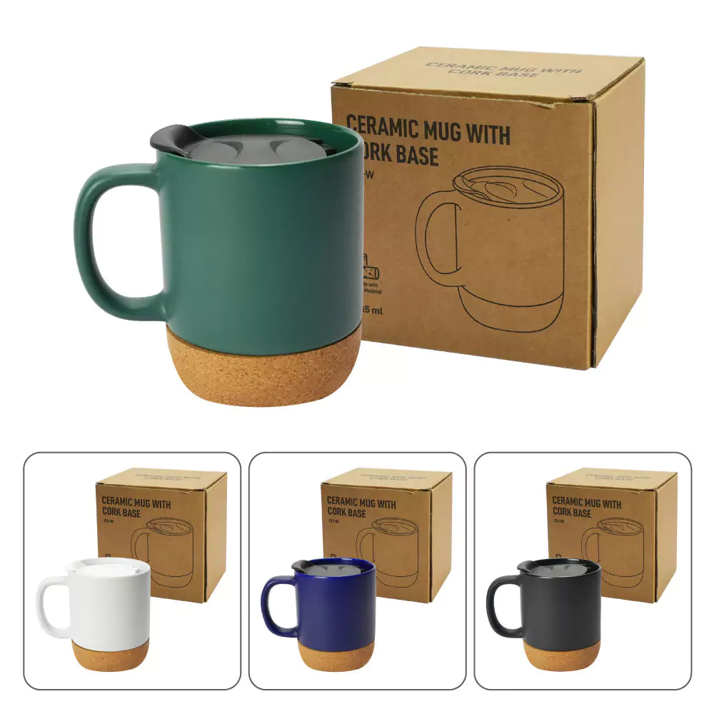 Ceramic Mugs with Lid and Cork Base 385 ml ( “Your Brand • Your Print • Your Style.” ) All printing available