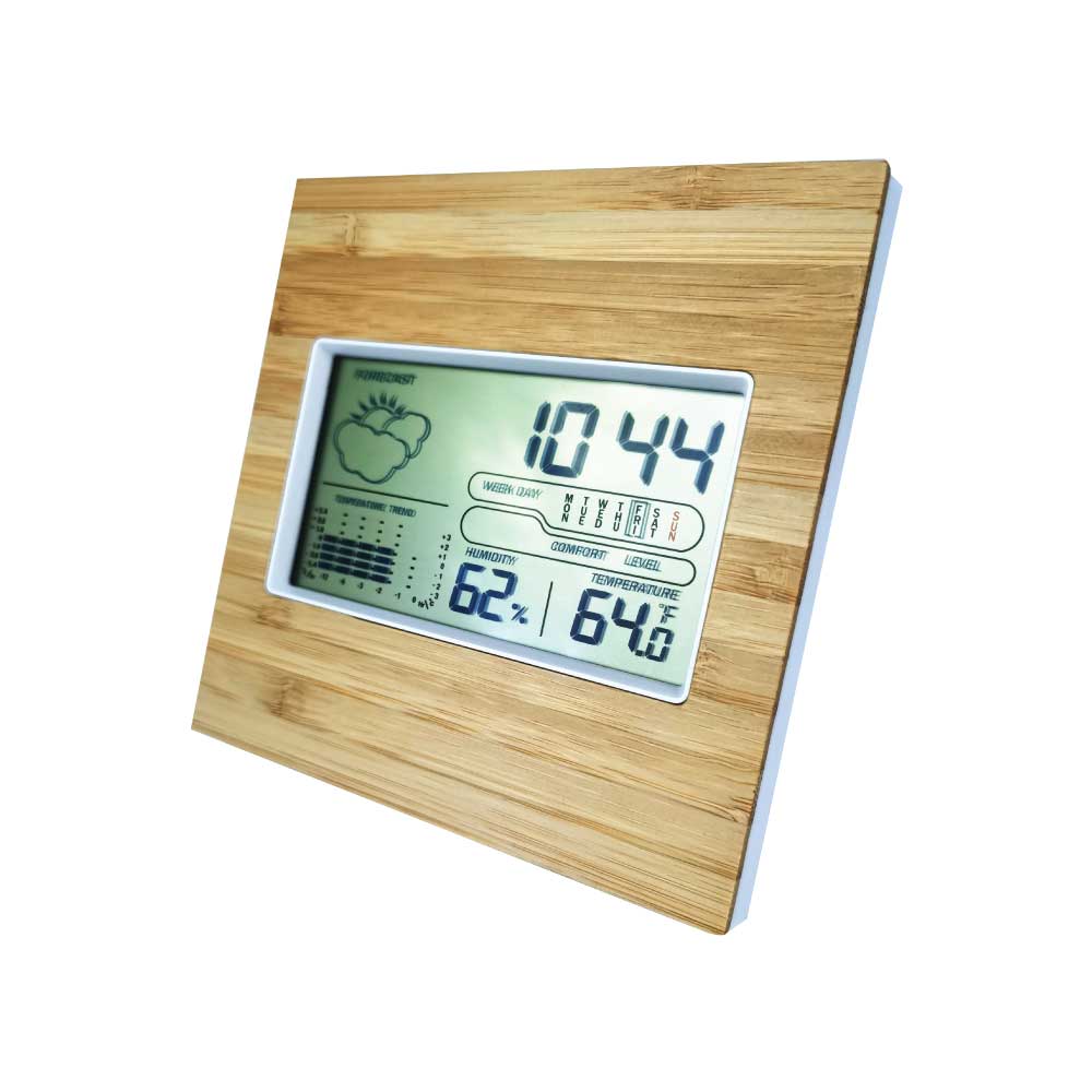 Multi-Function Bamboo Digital Clock with Weather Forecast, Calendar, Alarm, Temperature ( “Your Brand • Your Print • Your Style.” ) All printing available