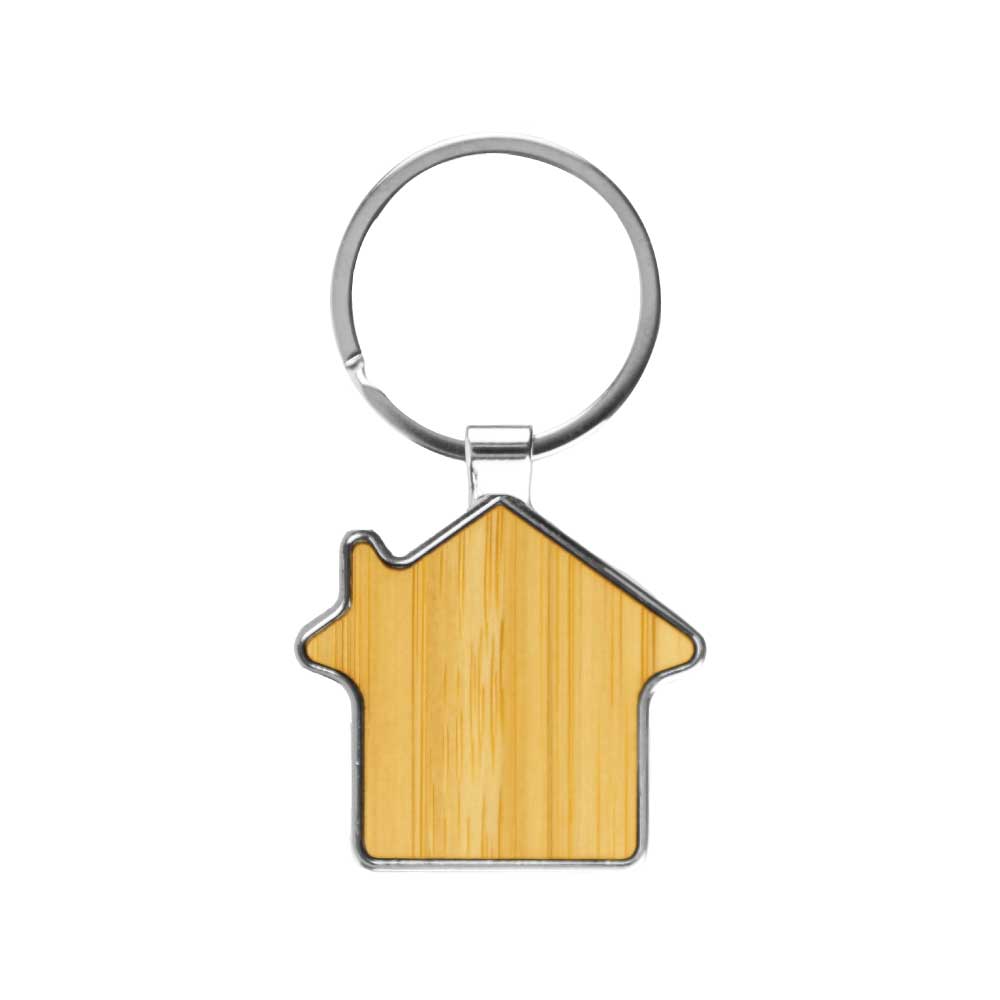 Bamboo and Metal Keychain House Shaped 32mm ( “Your Brand • Your Print • Your Style.” ) All printing available