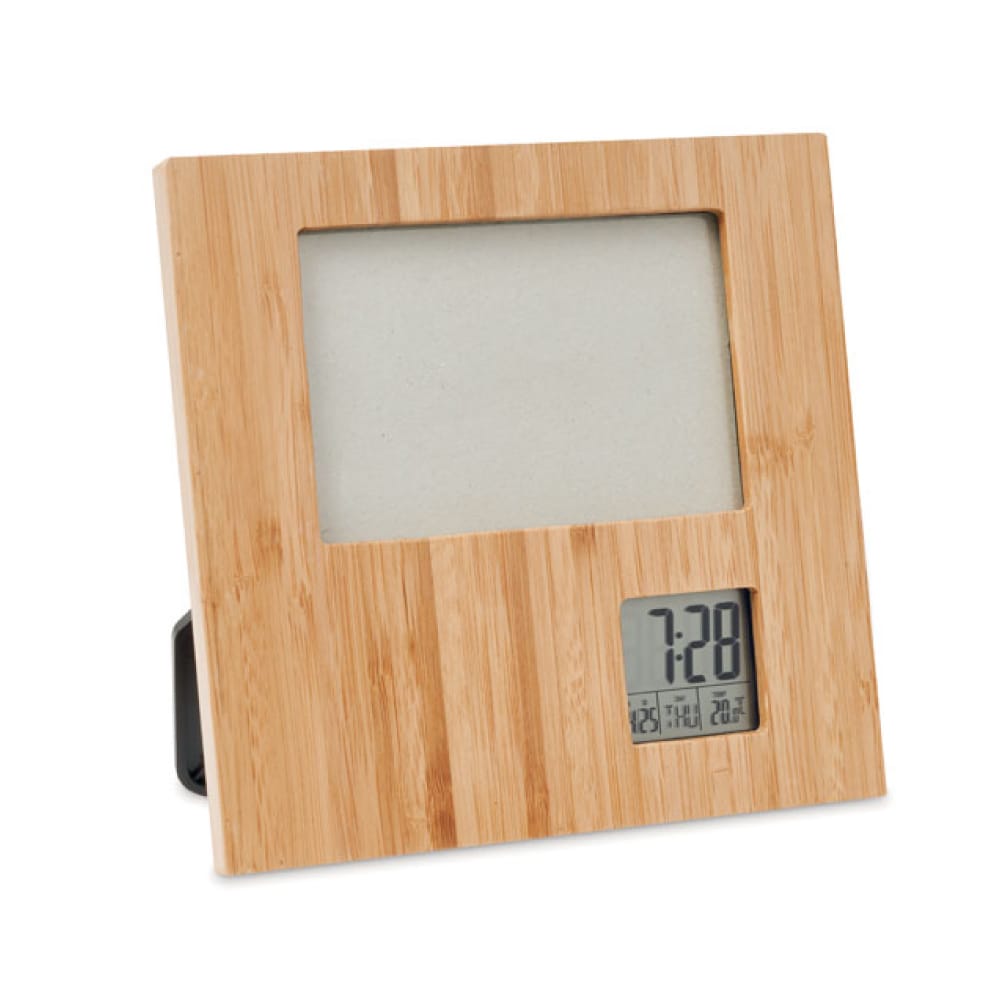 Bamboo Photo Frame with Digital Clock & Weather Station ( “Your Brand • Your Print • Your Style.” ) All printing available