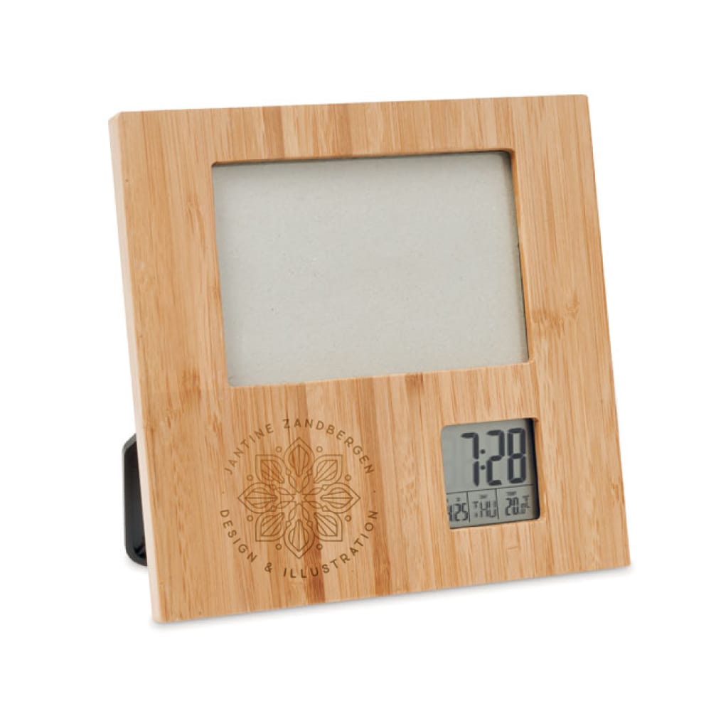 Bamboo Photo Frame with Digital Clock & Weather Station ( “Your Brand • Your Print • Your Style.” ) All printing available