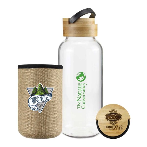 Glass Bottles with Bamboo Lid and Eco Sleeve, 1 liter ( “Your Brand • Your Print • Your Style.” ) All printing available