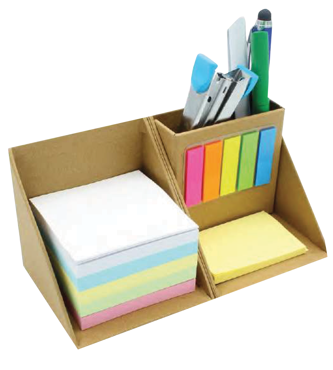 CARDBOARD BOX WHICH FLIPS OPEN TO REVEAL A HANDY STICKY NOTE SET