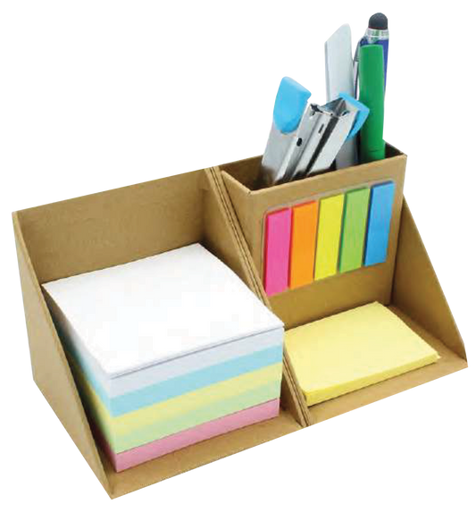 CARDBOARD BOX WHICH FLIPS OPEN TO REVEAL A HANDY STICKY NOTE SET