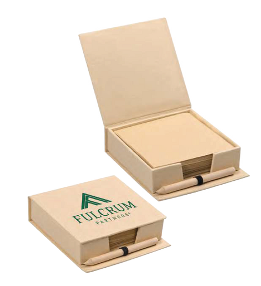 FLAP BOX THAT CONTAINS SHEETS OF PAD MADE FROM RECYCLED MATERIAL