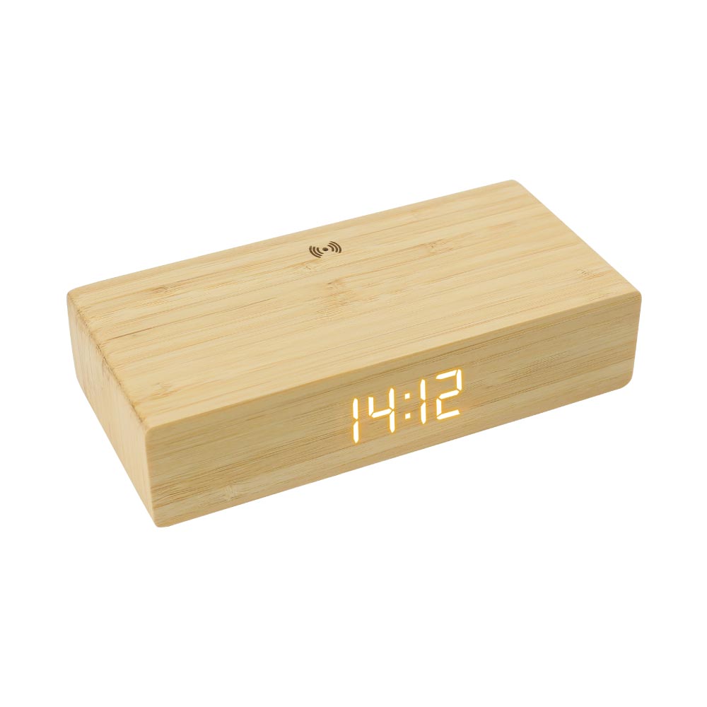Bamboo Clock with 5W Wireless Charging Function ( “Your Brand • Your Print • Your Style.” ) All printing available