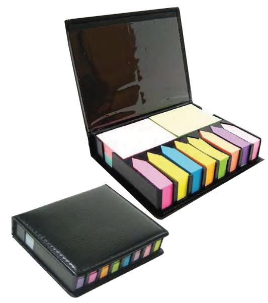 LEATHER BOX CONTAINS DIFFERENT TYPES OF STICKY NOTE & PAD IN DIFFERENT SHAPES & COLOR