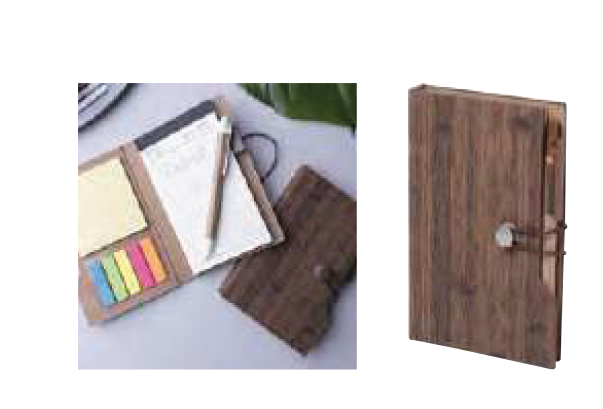 NOTEPAD IN WOOD LIKE DESIGN. RECYCLED CARDBOARD BALL PEN INCLUDED