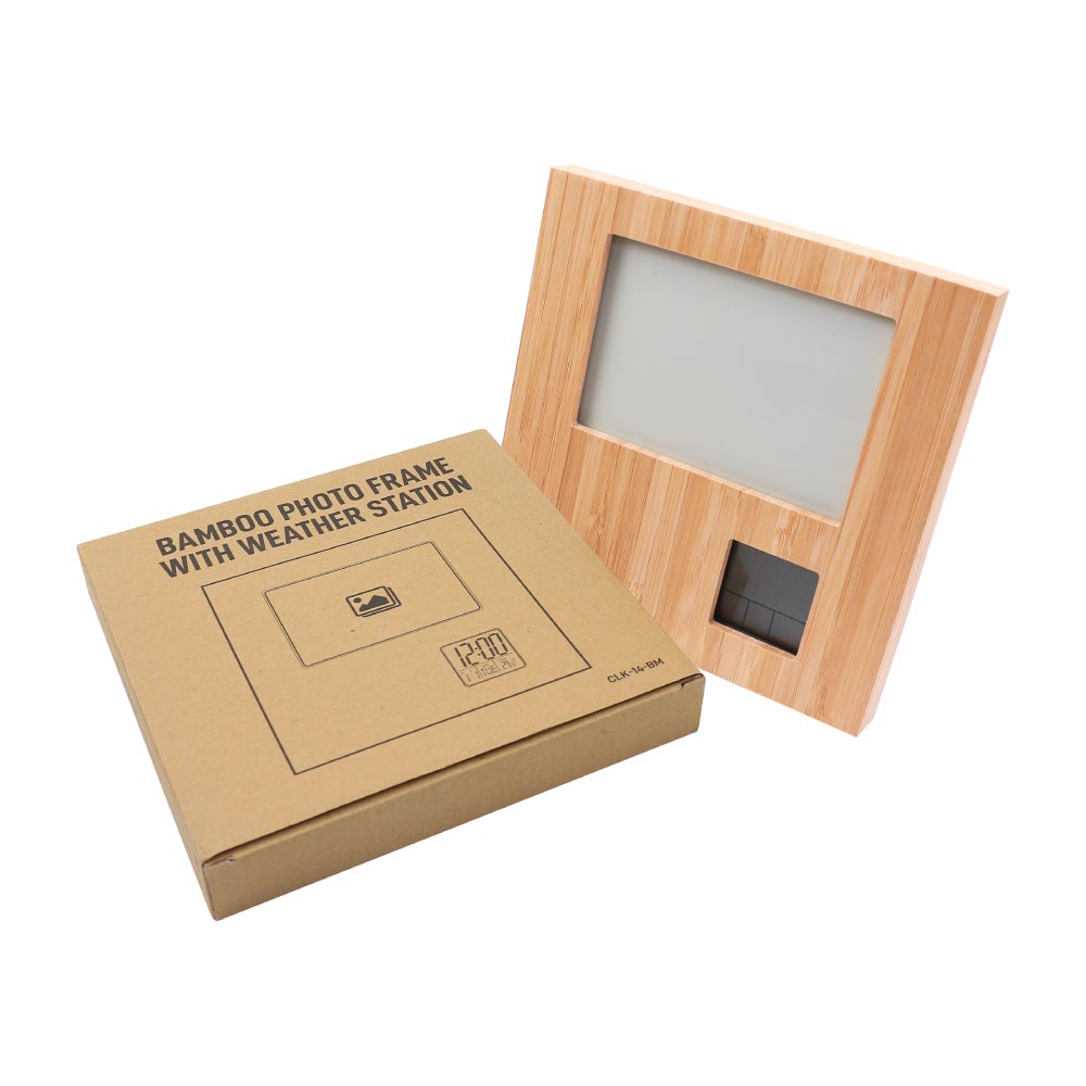 Bamboo Photo Frame with Digital Clock & Weather Station ( “Your Brand • Your Print • Your Style.” ) All printing available