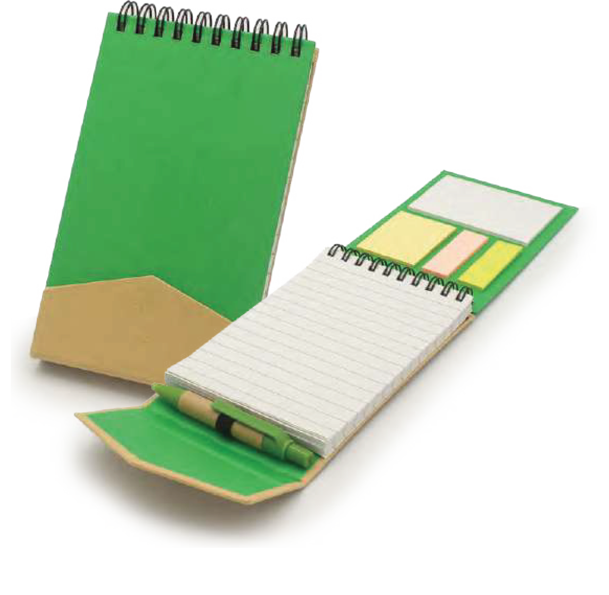 RECYCLED SPIRAL NOTEPAD WITH STICKY NOTES AND PEN IN A MAGNETIC