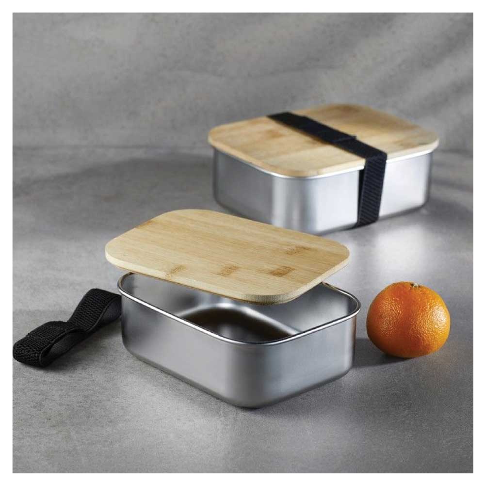 Stainless Steel Lunch Box with Bamboo Lid & Strap ( “Your Brand • Your Print • Your Style.” ) All printing available
