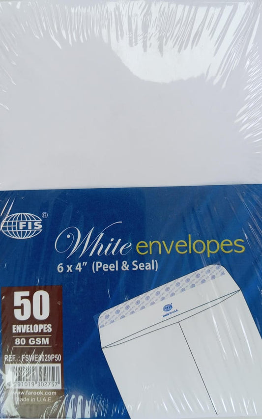 FIS WHITE ENVELOPES 6*4  50 PCS IN A PACKET 80 GSM