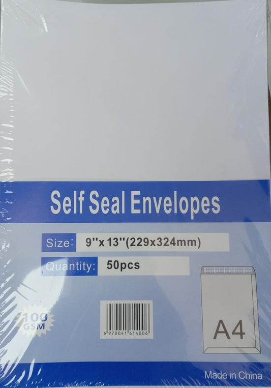 SELF SEAL  WHITE ENVELOPES 9*13 FOR A4 50 PCS IN A PACKET