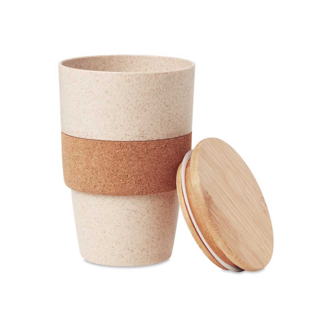 Wheat Straw Cups with Bamboo Lid and Cork Grip ( “Your Brand • Your Print • Your Style.” ) All printing available