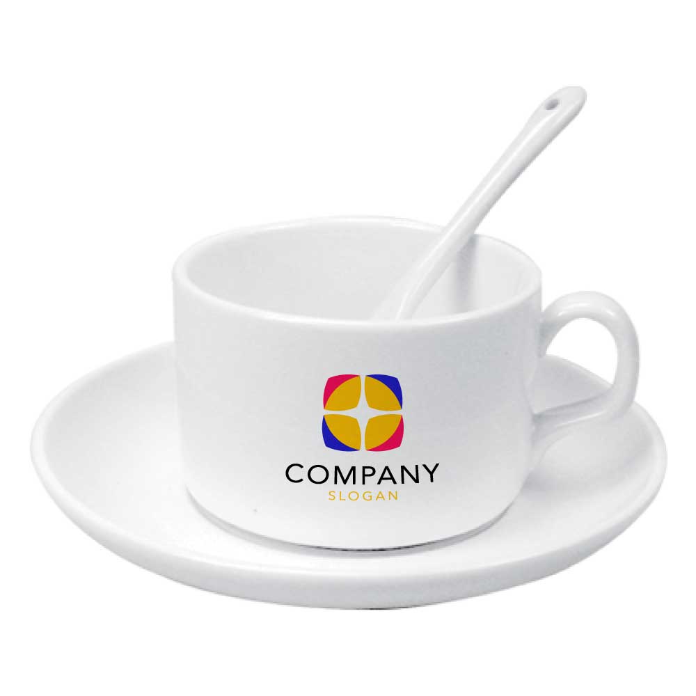 Ceramic Saucer Teacups with Spoon ( “Your Brand • Your Print • Your Style.” ) All printing available